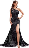 Kingbridal Gowns One Shoulder Sequin Prom Dresses with Slit 2026 Mermaid Formal Dress for Women Sparkly Ruched Evening Party Gowns