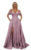 Off Shoulder Long Prom Dress 2026 Floral Satin A-Line Corset Ball Formal Evening Gown with Slit