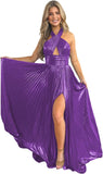 Vestido de fiesta de satén metálico brillante con abertura para mujer, vestido formal de noche plisado con cuello halter 