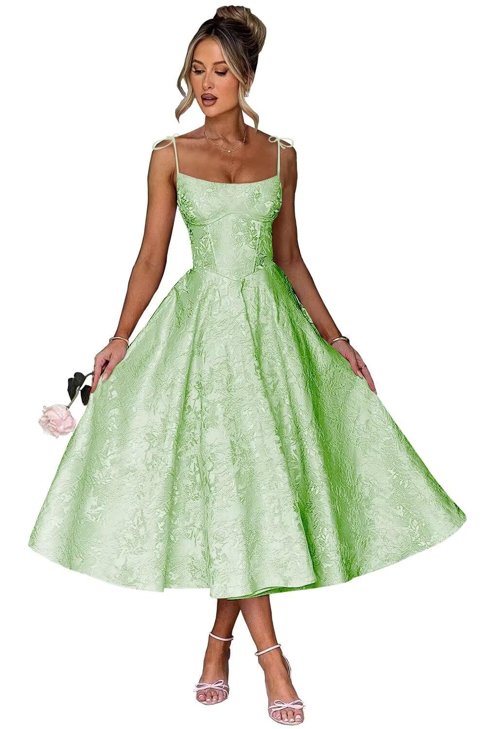 Jacquard Floral Satin Prom Dresses for Women 2026 Spaghetti Straps A-Line Midi Formal Evening Party Gown with Pockets