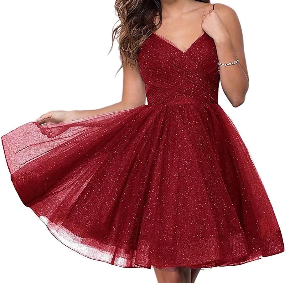 Short Homecoming Dresses Spaghetti Straps V Neck Glitter Tulle Ball Gown Short Prom Graduation Dress for Juniors