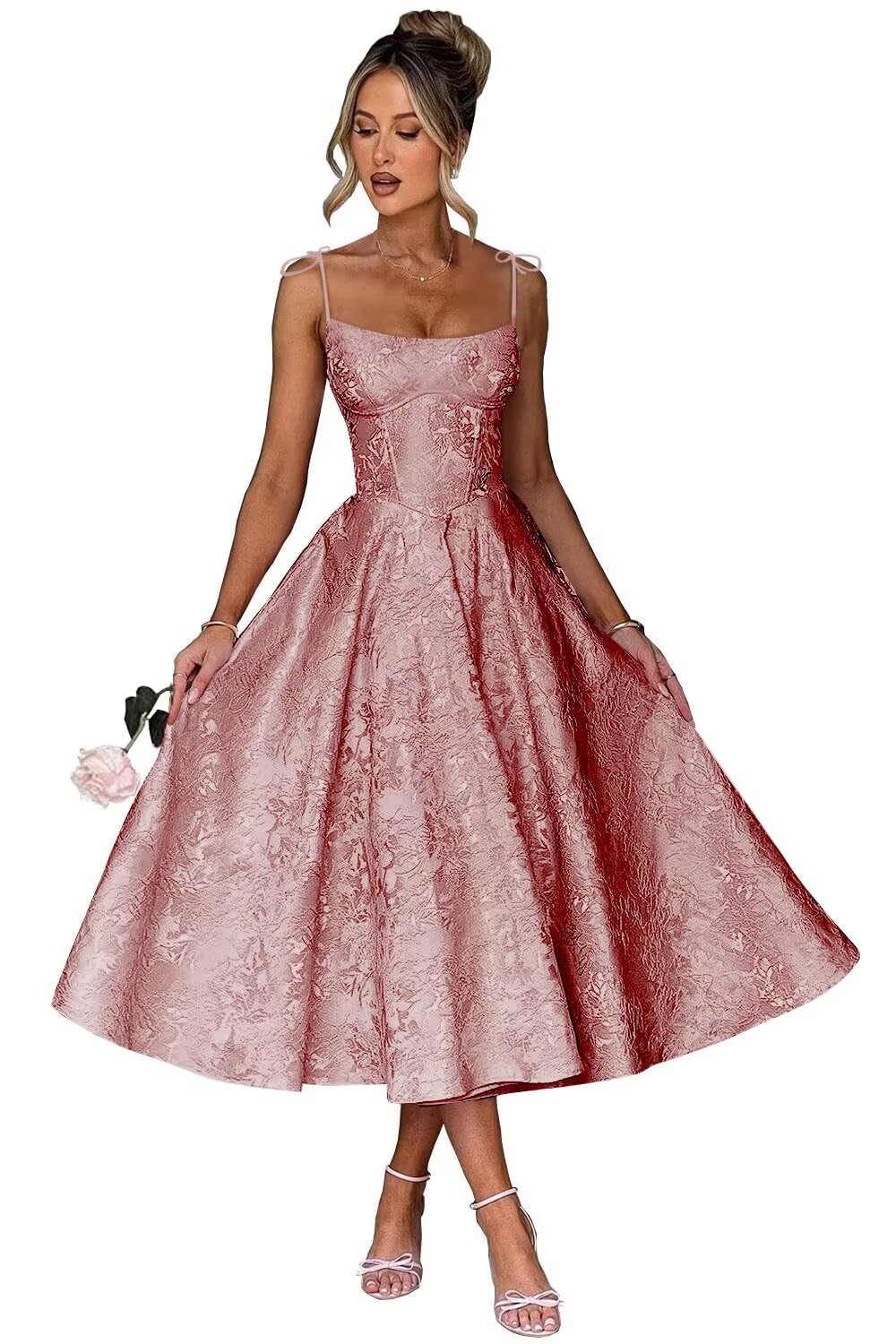 Jacquard Floral Satin Prom Dresses for Women 2026 Spaghetti Straps A-Line Midi Formal Evening Party Gown with Pockets