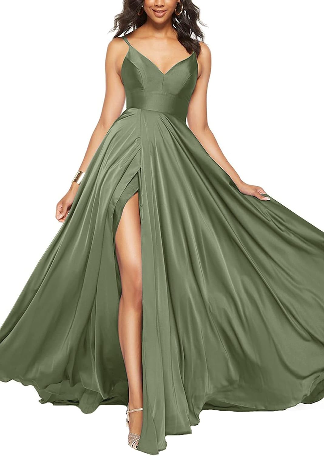 Satin Bridesmaid Dresses for Women Spaghetti Straps Wedding Guest Dress Long V Neck Formal Gown with Slit