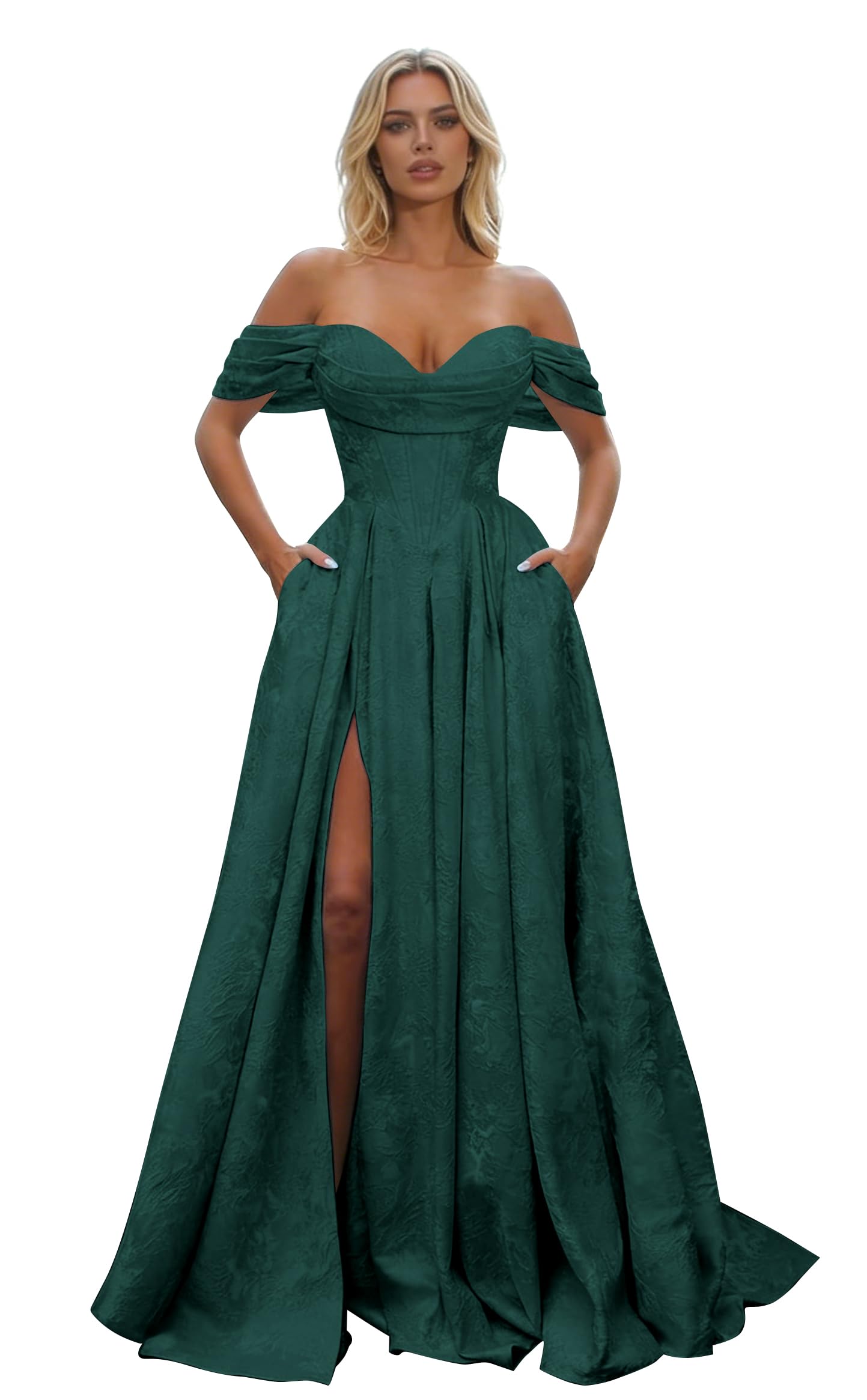 Off Shoulder Long Prom Dress 2026 Jacquard Floral Satin A-Line Corset Ball Gown with Slit Formal Evening Dresses