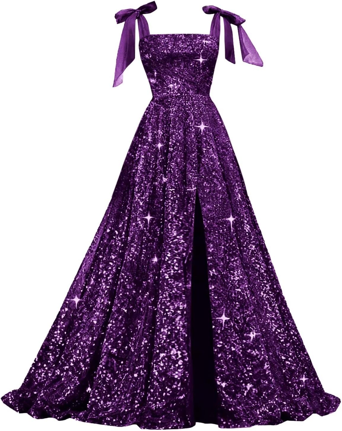 Bow Straps Prom Dresses 2026 Sparkly Sequin Square Neck Ruched Long Puffy Ball Gown Formal Dress with Slit Pockets