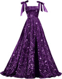 Bow Straps Prom Dresses 2026 Sparkly Sequin Square Neck Ruched Long Puffy Ball Gown Formal Dress with Slit Pockets