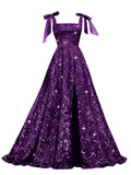Bow Straps Prom Dresses 2026 Sparkly Sequin Square Neck Ruched Long Puffy Ball Gown Formal Dress with Slit Pockets