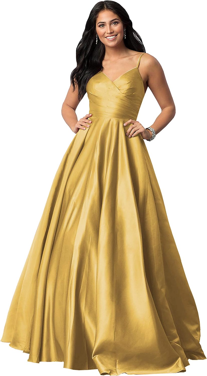 Women's Spaghetti Straps Satin Prom Dresses with Pockets V Neck Pleated Formal Evening Ball Gowns
