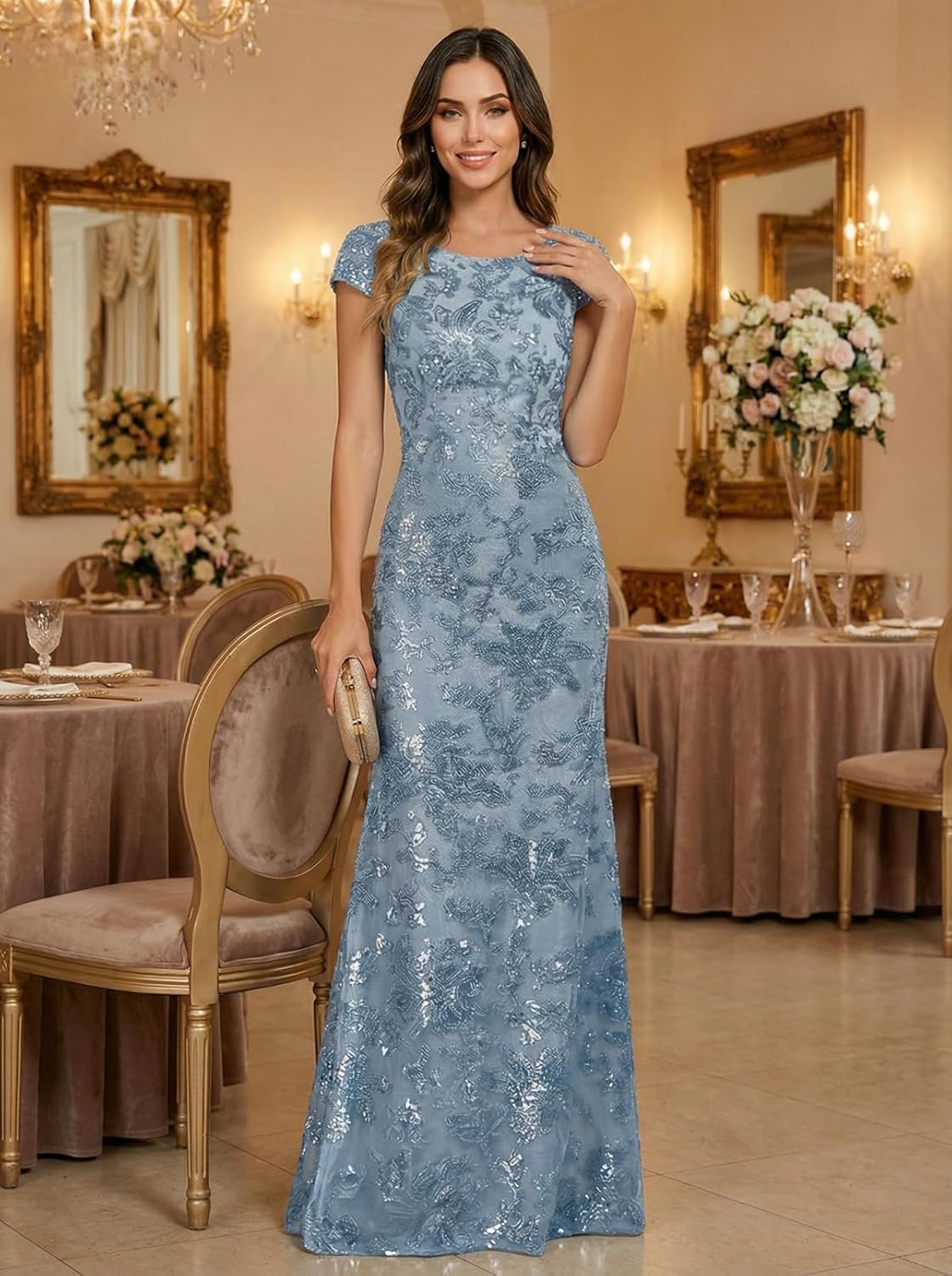 Lace Appliques Scoop Neck Sequin Mother of the Bride Dresses Mermaid Short Sleeve Formal Evening Gowns
