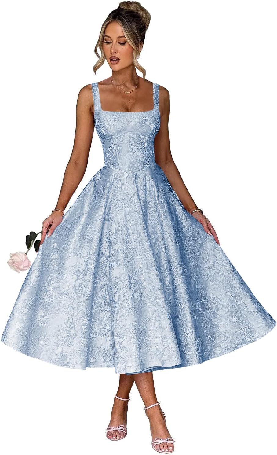 Floral Satin Jacquard Prom Dresses 2026 A-Line Tea Length Midi Square Neck Evening Party Gown with Pockets for Women