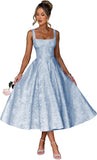 Floral Satin Jacquard Prom Dresses 2026 A-Line Tea Length Midi Square Neck Evening Party Gown with Pockets for Women