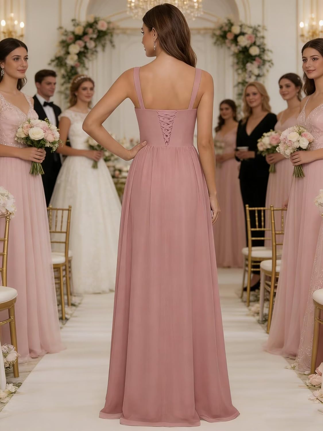 Ruffle Chiffon Bridesmaid Dress Long Square Neck Pleated Formal Gowns with Slit for Women Plus Size Spaghetti Straps Ruffles