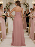 Ruffle Chiffon Bridesmaid Dress Long Square Neck Pleated Formal Gowns with Slit for Women Plus Size Spaghetti Straps Ruffles