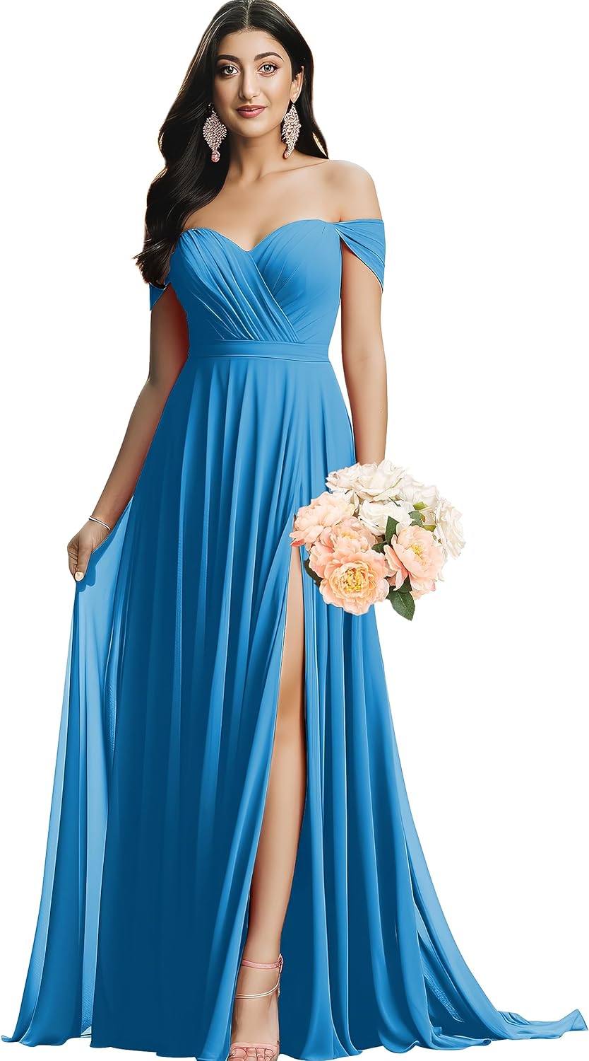 Schulterfreies Brautjungfernkleid für die Hochzeit, gerüschtes Chiffon-Split-Abendkleid mit Taschen 