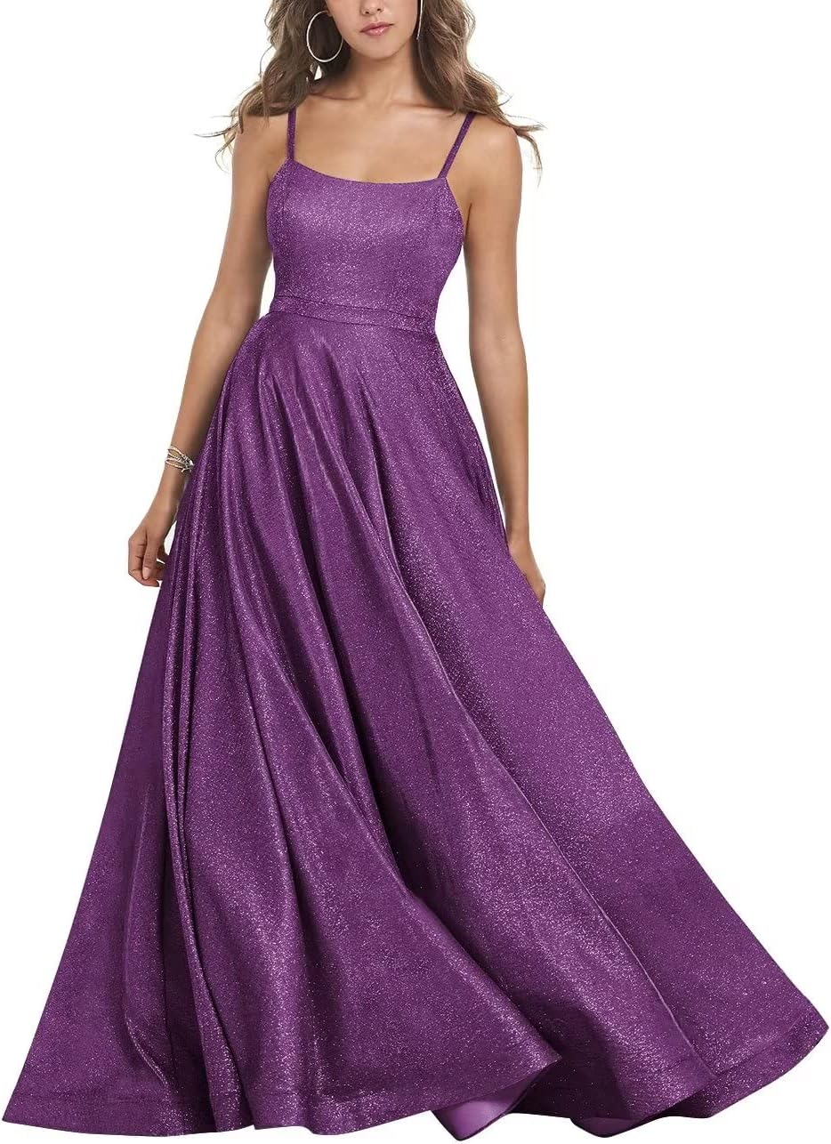 Women's Glitter Prom Dresses Long Ball Gown Spaghetti Straps Neck Formal Evening Party Dress for Teens