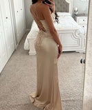 Women's Satin Prom Dresses 2025 Split Halter Mermaid Corset Beaded Formal Dresses Evening Gowns