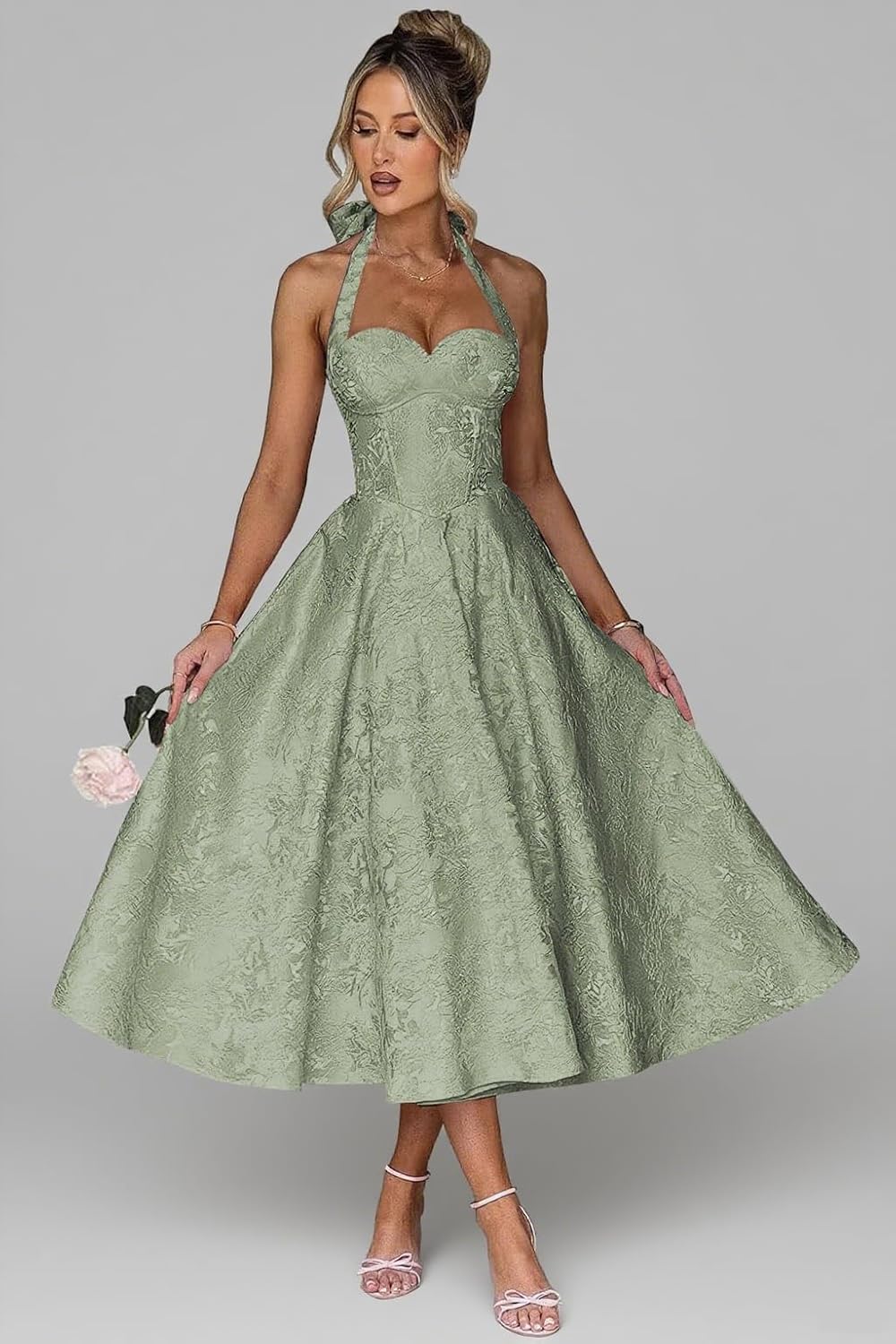 Jacquard Satin Prom Dresses for Women Vintage A-Line Midi Halter Sweetheart Formal Evening Party Gowns with Pockets