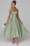 Jacquard Satin Prom Dresses for Women Vintage A-Line Midi Halter Sweetheart Formal Evening Party Gowns with Pockets