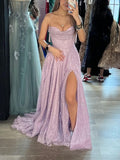 Women's Spaghetti Straps Glitter Tulle Prom Dress with Slit Cowl Neck Long Evening Formal Party Gown