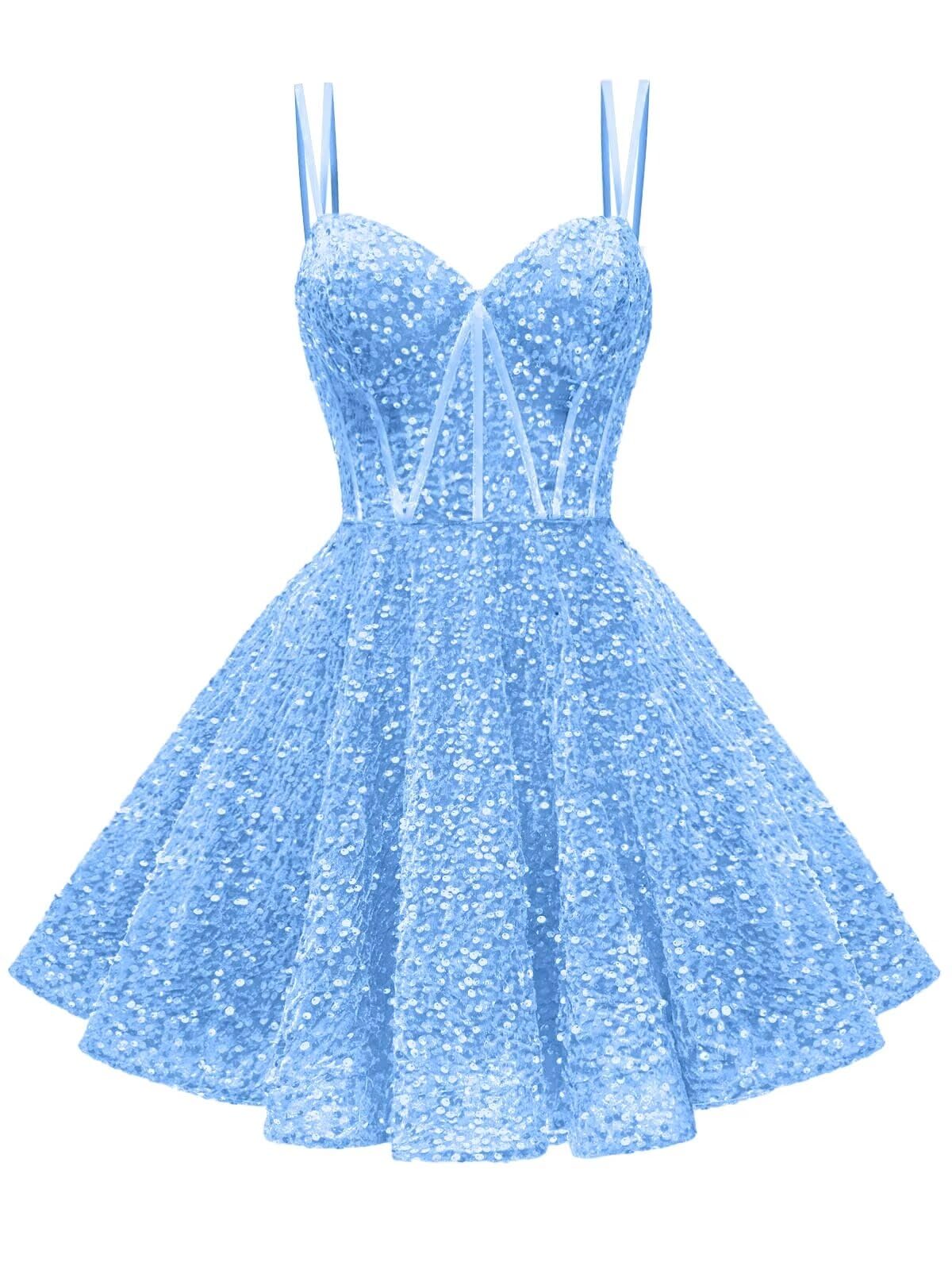 Kingbridal Gowns Sparkly Sequin Homecoming Dresses for Teens 2027 Flowy Spaghetti Straps A-Line Short Formal Prom Dress with Pockets