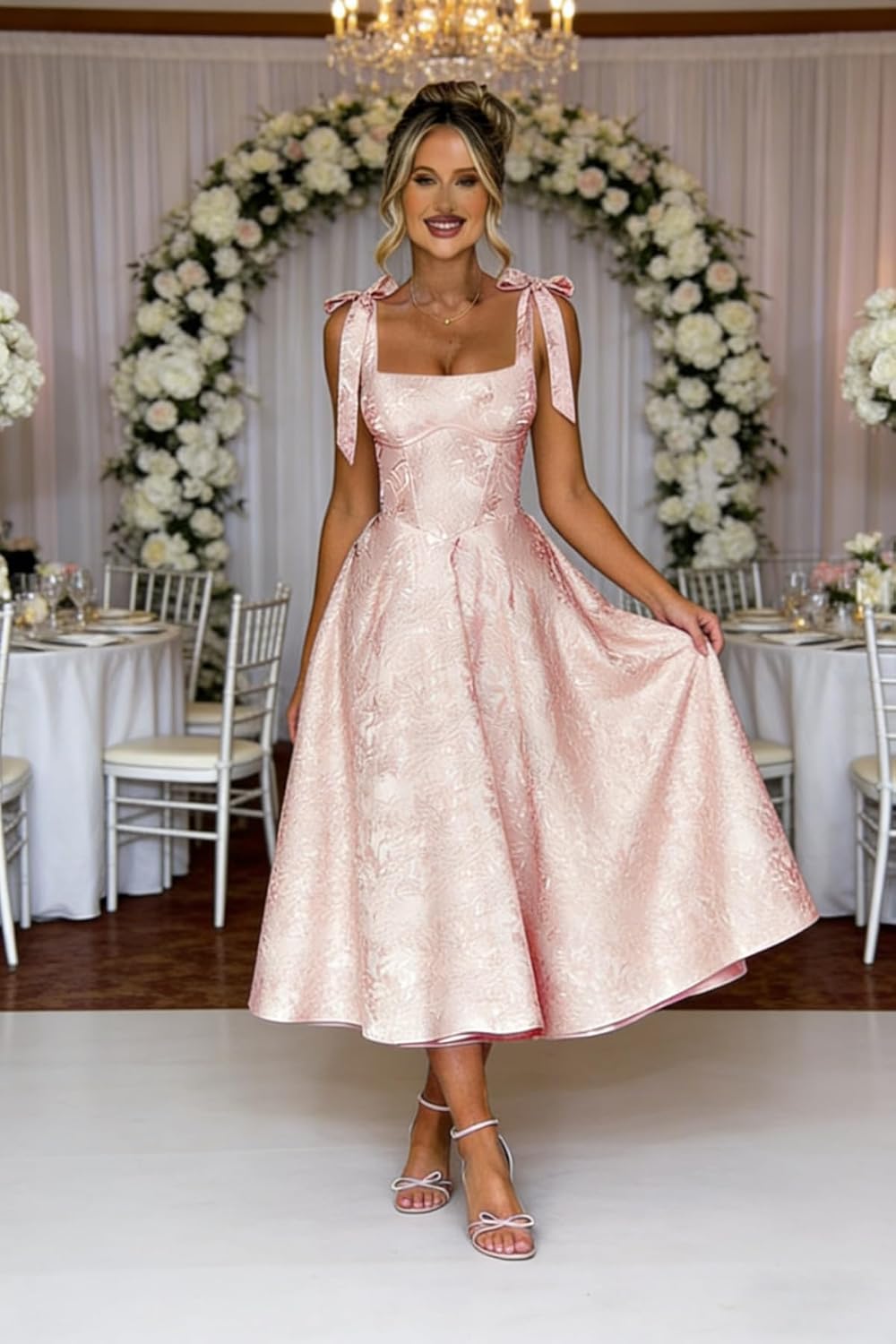 Women's Midi Bridesmaid Dresses Jacquard Satin with Bow Spaghetti Straps Square Neck Formal Wedding Guest Dress