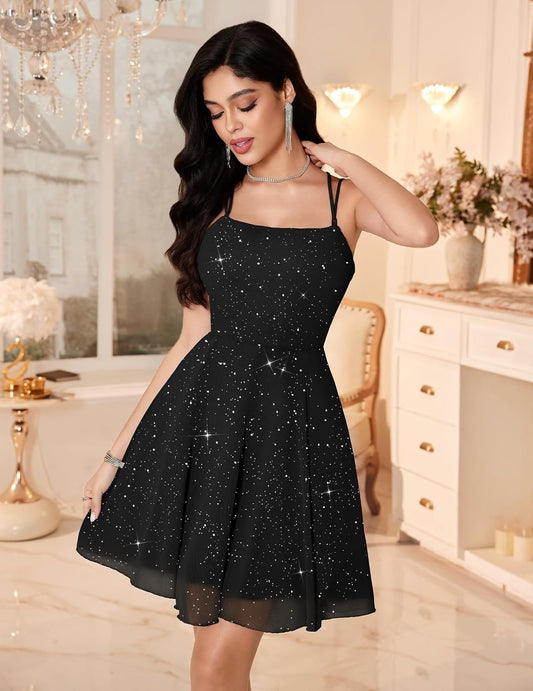 Women's Sparkly Prom Dresses Formal Off Shoulder Tea Party V-Neck Spaghetti Straps A-line Sequin Cocktail Dress