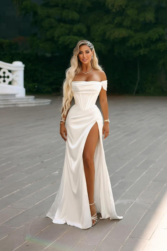 Off Shoulder Mermaid Prom Dresses with Slit 2027 Long Satin Pleated Formal Dress for Women Evening Party
