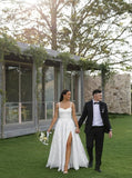 Jacquard Satin Prom Dresses with Slit Spaghetti Straps A Line Maxi Long Formal Dress