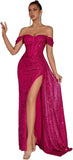 Evening Gowns Formal Dresses for Women Sequin Tulle Wedding Guest Cocktail Party Sexy Off Shoulder Floor Length Prom Dress