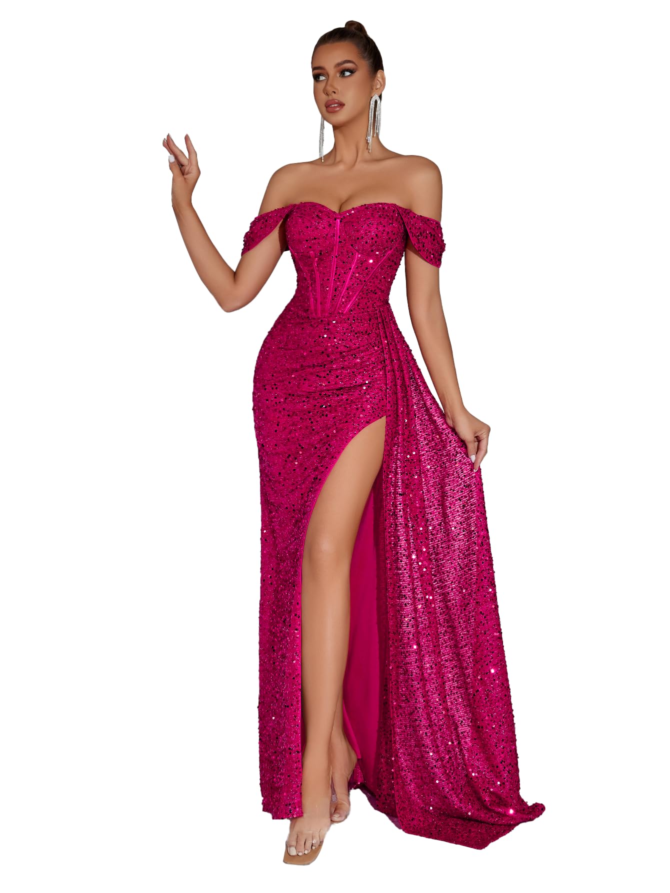 Evening Gowns Formal Dresses for Women Sequin Tulle Wedding Guest Cocktail Party Sexy Off Shoulder Floor Length Prom Dress