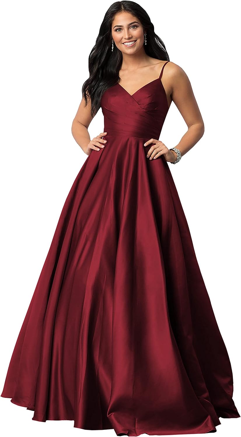 Women's Spaghetti Straps Satin Prom Dresses with Pockets V Neck Pleated Formal Evening Ball Gowns