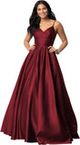 Women's Spaghetti Straps Satin Prom Dresses with Pockets V Neck Pleated Formal Evening Ball Gowns