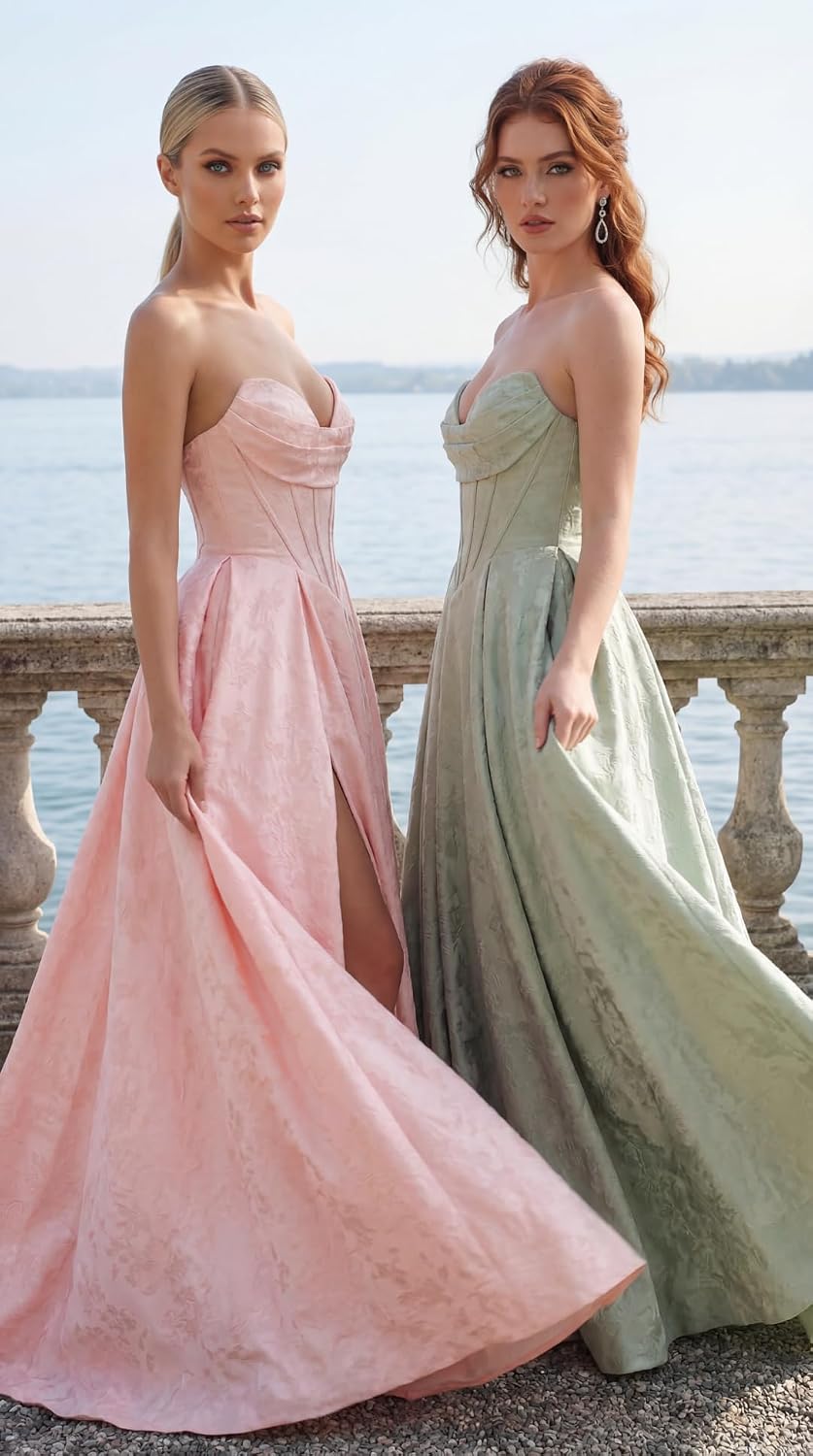 Jacquard Satin Prom Dresses with Slit Strapless Corset A Line Long Formal Gowns