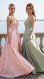 Jacquard Satin Prom Dresses with Slit Strapless Corset A Line Long Formal Gowns