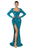 Mermaid Sequin Prom Dresses for Women 2026 Long Sleeve Ruched Formal Dress with Slit Sparkly Evening Party Gowns