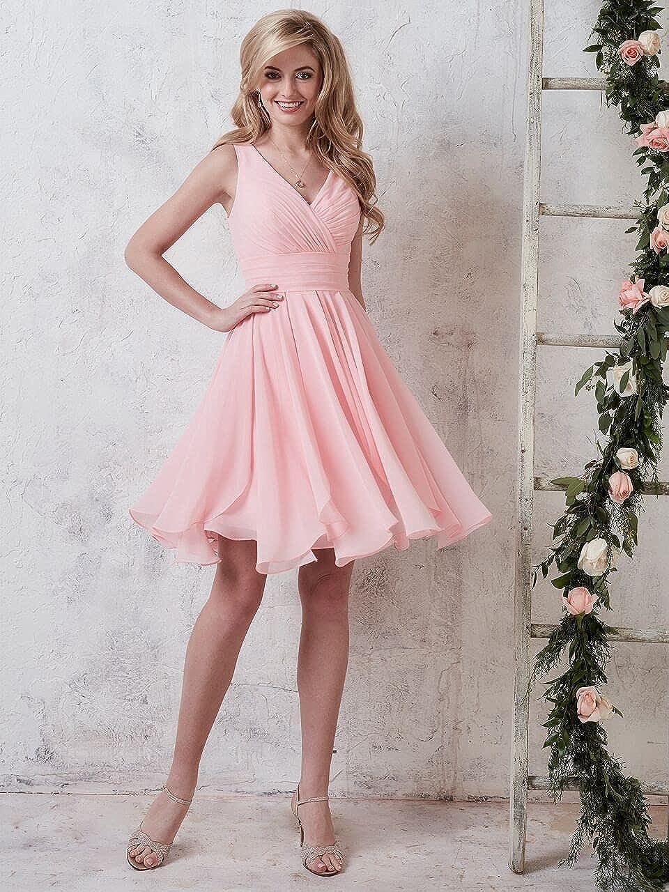 Double V Neck Short Bridesmaid Dresses for Women 2025 Chiffon A Line Formal Evening Gowns with Pockets