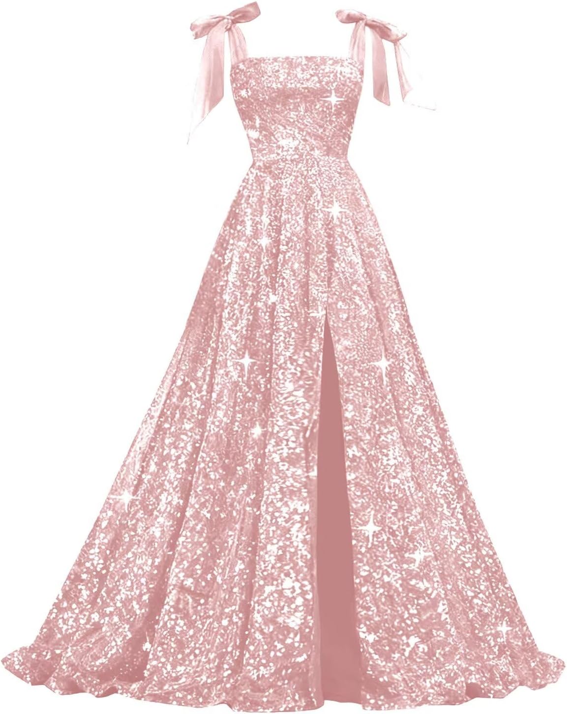 Bow Straps Prom Dresses 2026 Sparkly Sequin Square Neck Ruched Long Puffy Ball Gown Formal Dress with Slit Pockets