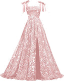 Bow Straps Prom Dresses 2026 Sparkly Sequin Square Neck Ruched Long Puffy Ball Gown Formal Dress with Slit Pockets