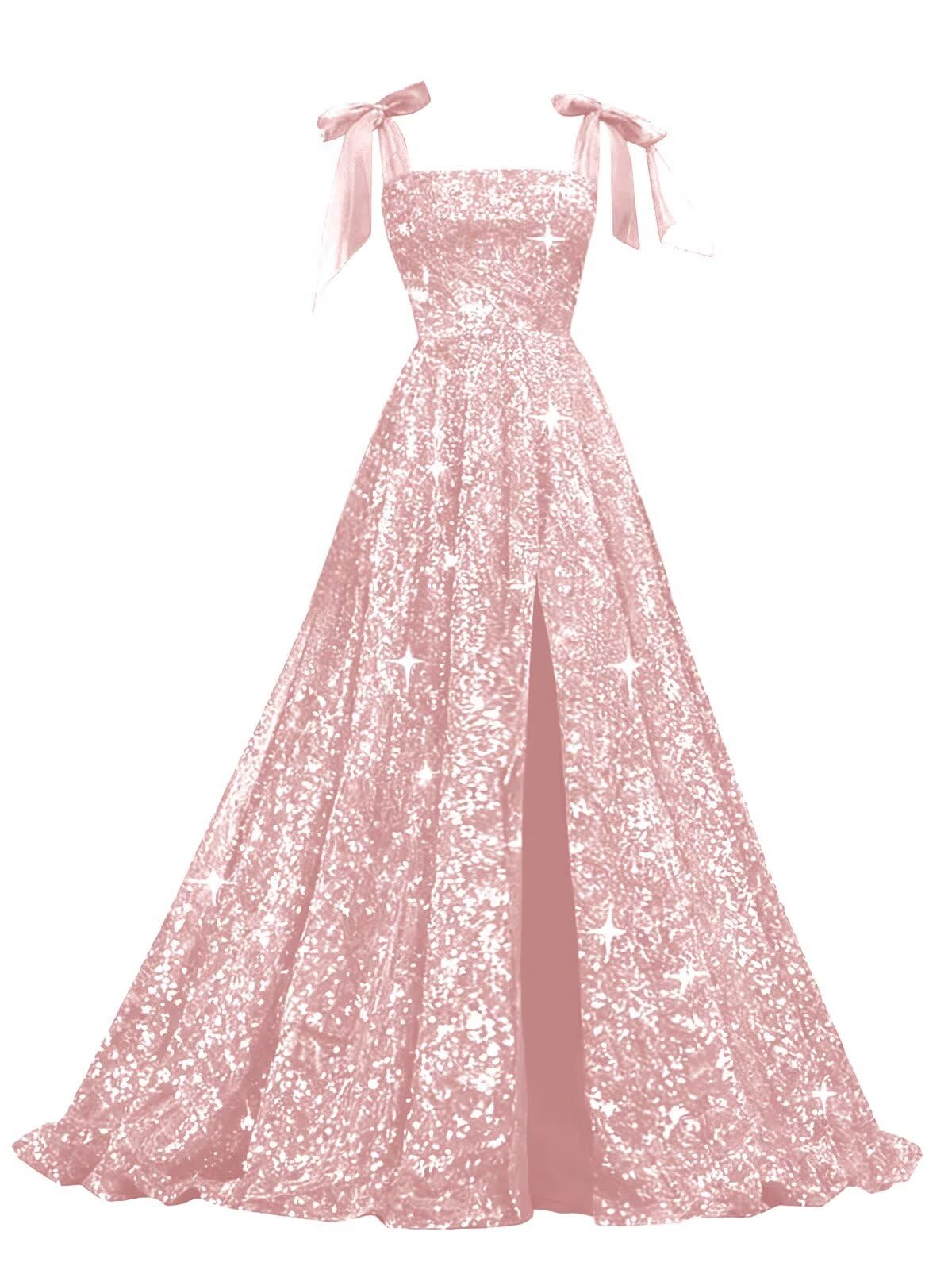 Bow Straps Prom Dresses 2026 Sparkly Sequin Square Neck Ruched Long Puffy Ball Gown Formal Dress with Slit Pockets