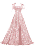 Bow Straps Prom Dresses 2026 Sparkly Sequin Square Neck Ruched Long Puffy Ball Gown Formal Dress with Slit Pockets