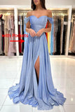Women's Glittery Prom Dresses Long Ball Gown Off Shoulder High Slit Formal Evening Gowns with Pockets