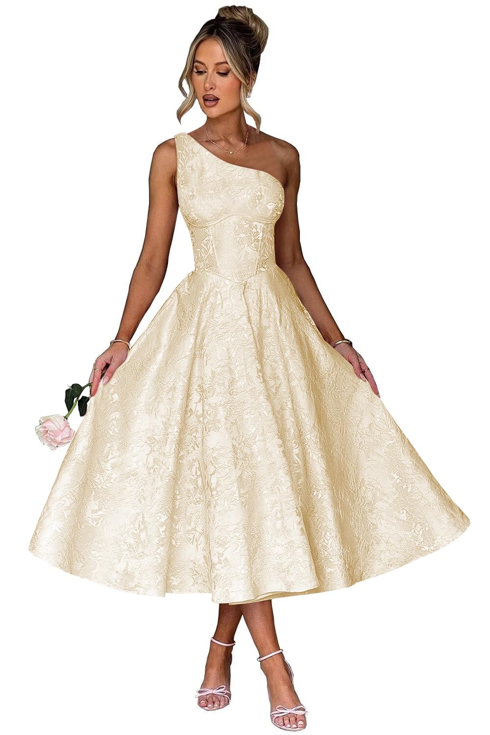 Jacquard Floral Satin Prom Dresses 2026 One Shoulder A-Line Midi Formal Evening Party Gown with Pockets for Women