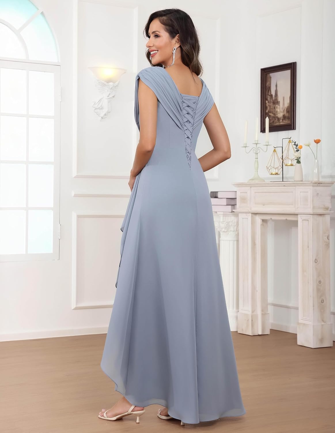 Cap Sleeve Mother of The Bride Dresses Chiffon V Neck Beaded Ruffles A Line Long Formal Evening Dress