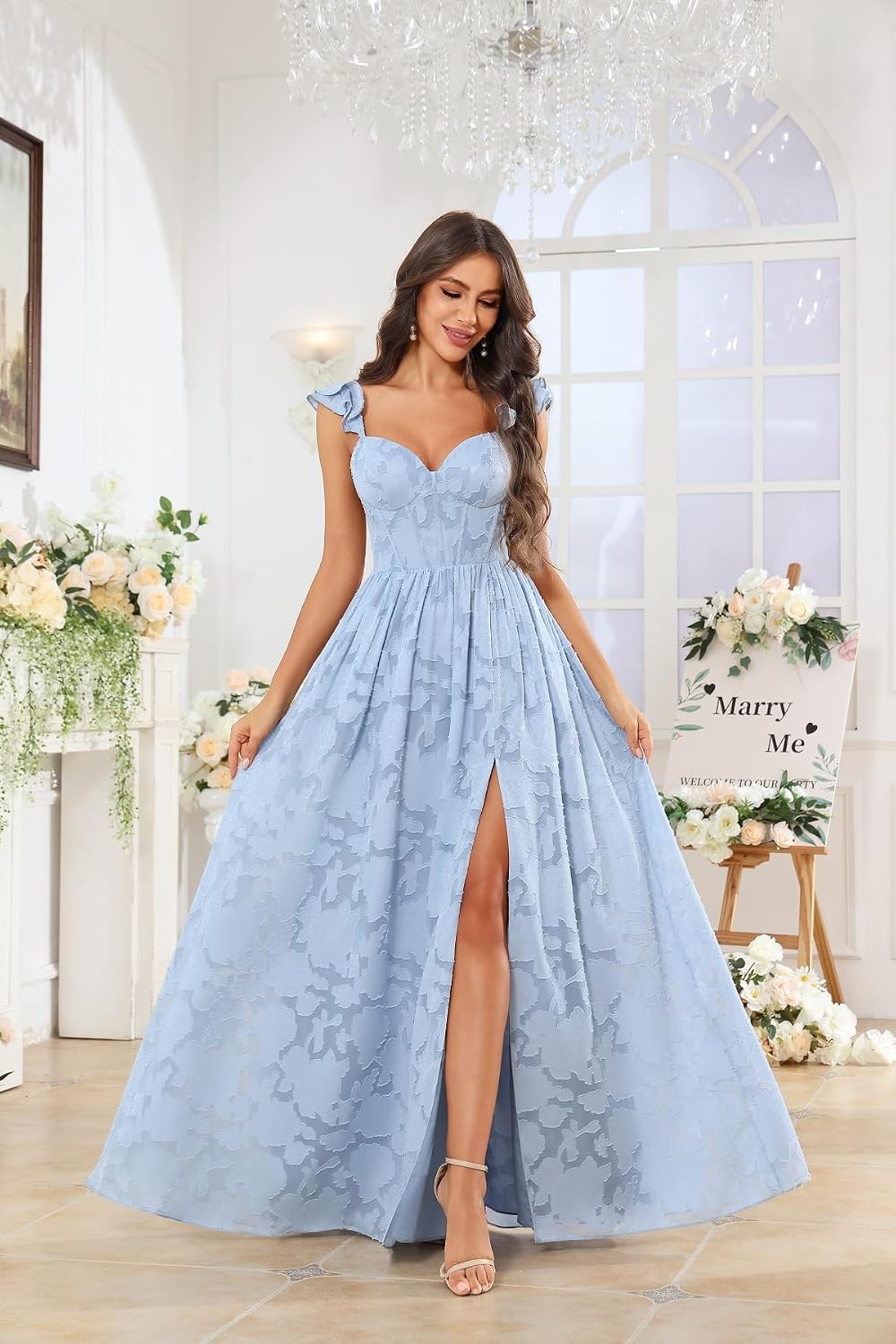 Chiffon Floral Bridesmaid Dresses with Slit Sleeveless Corset Ruffle A Line Long Formal Evening Gowns