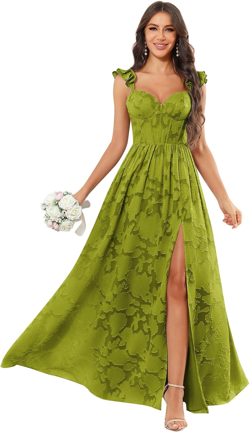 Chiffon Floral Bridesmaid Dresses with Slit Sleeveless Corset Ruffle A Line Long Formal Evening Gowns for Wedding