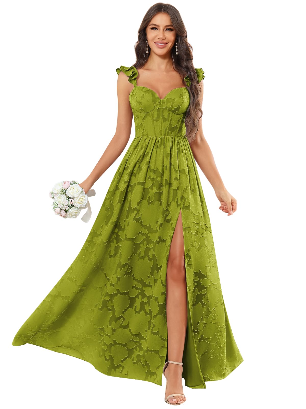 Chiffon Floral Bridesmaid Dresses with Slit Sleeveless Corset Ruffle A Line Long Formal Evening Gowns