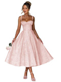 Eightale Satin Jacquard Prom Dress with Bow Tea Length Floral Midi Formal Evening Party Gown