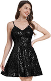 Women's Spaghetti Straps Sparkly Sequins A Line Swing Party Nightclub Dance Mini Cocktail Dress Above Knee Length Homecoming Gowns