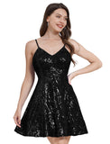 Women's Spaghetti Straps Sparkly Sequins A Line Swing Party Nightclub Dance Mini Cocktail Dress Above Knee Length Homecoming Gowns