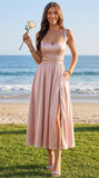 Jacquard Satin Bridesmaid Dresses for Women Spaghetti Straps A Line Tea Length Formal Dress